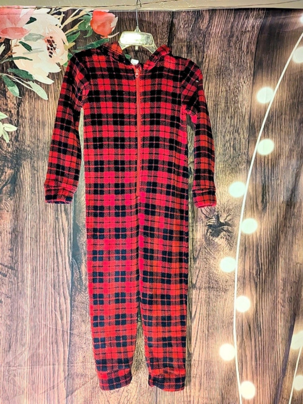 dip Red and Black Plaid Fleece Hooded Onesie Pajama Red & Black Plaid Hooded